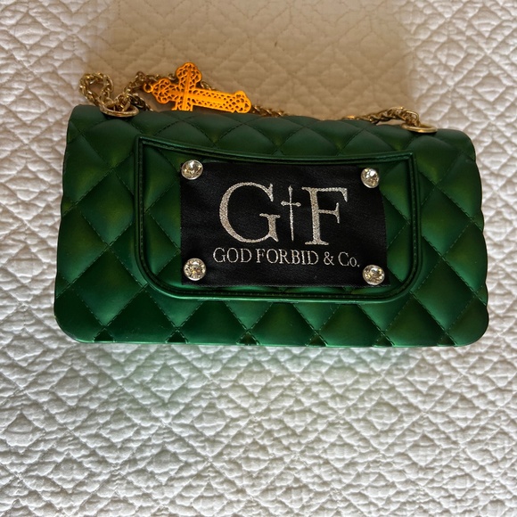 God Forbid $ Co. Green Jeweled Purse with Gold Chain and cross - Picture 3 of 5